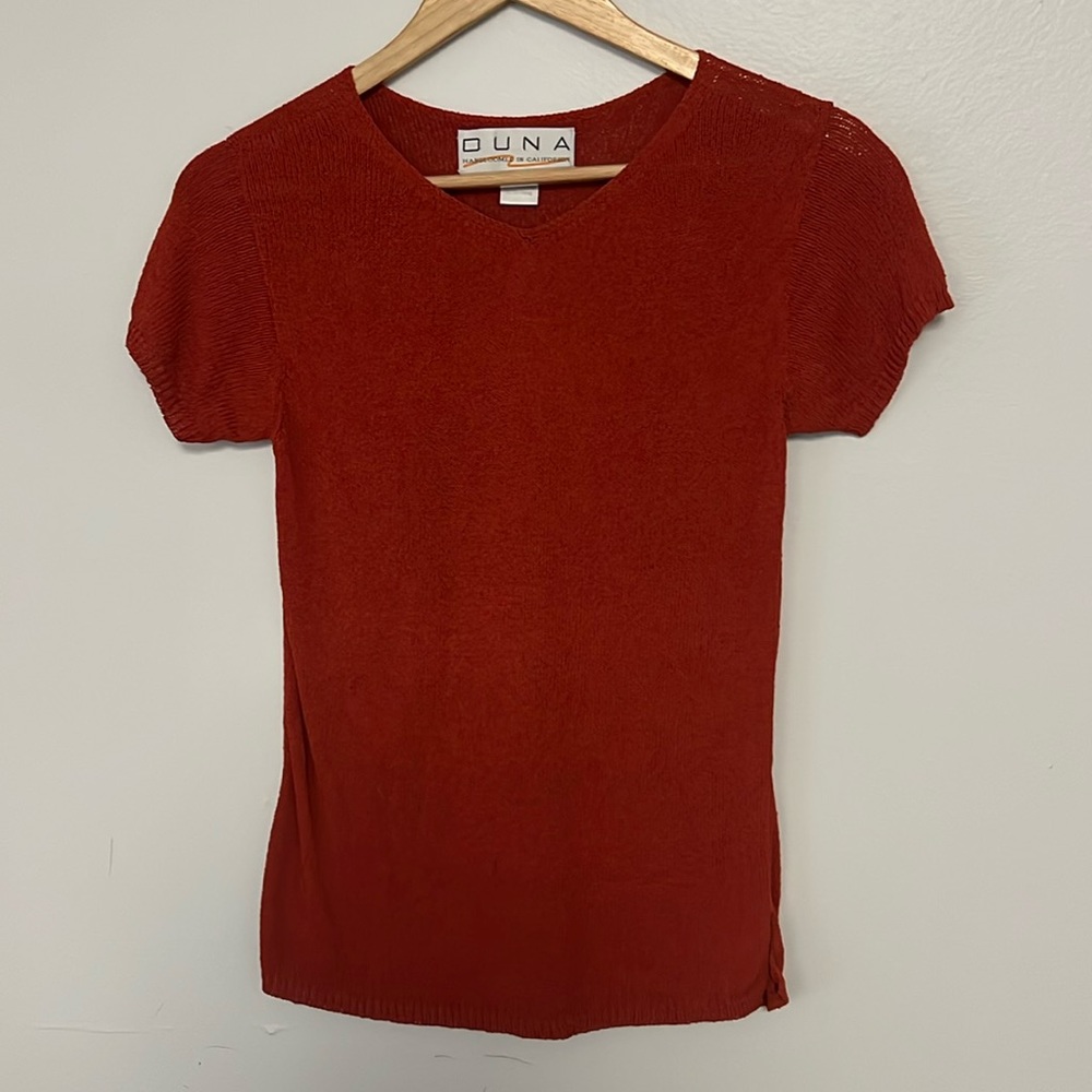 Duna women’s handloomed short sleeved shirt. Size: small. Color: orange.